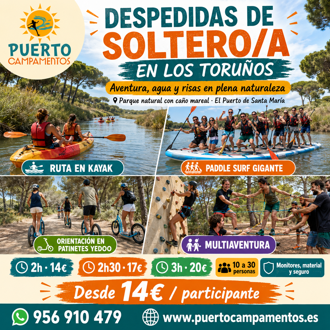 Despedidas de soltero en Cádiz en El Puerto de Santa María en Los Toruños con kayak, paddle surf gigante, patinetes todoterreno y multiaventura