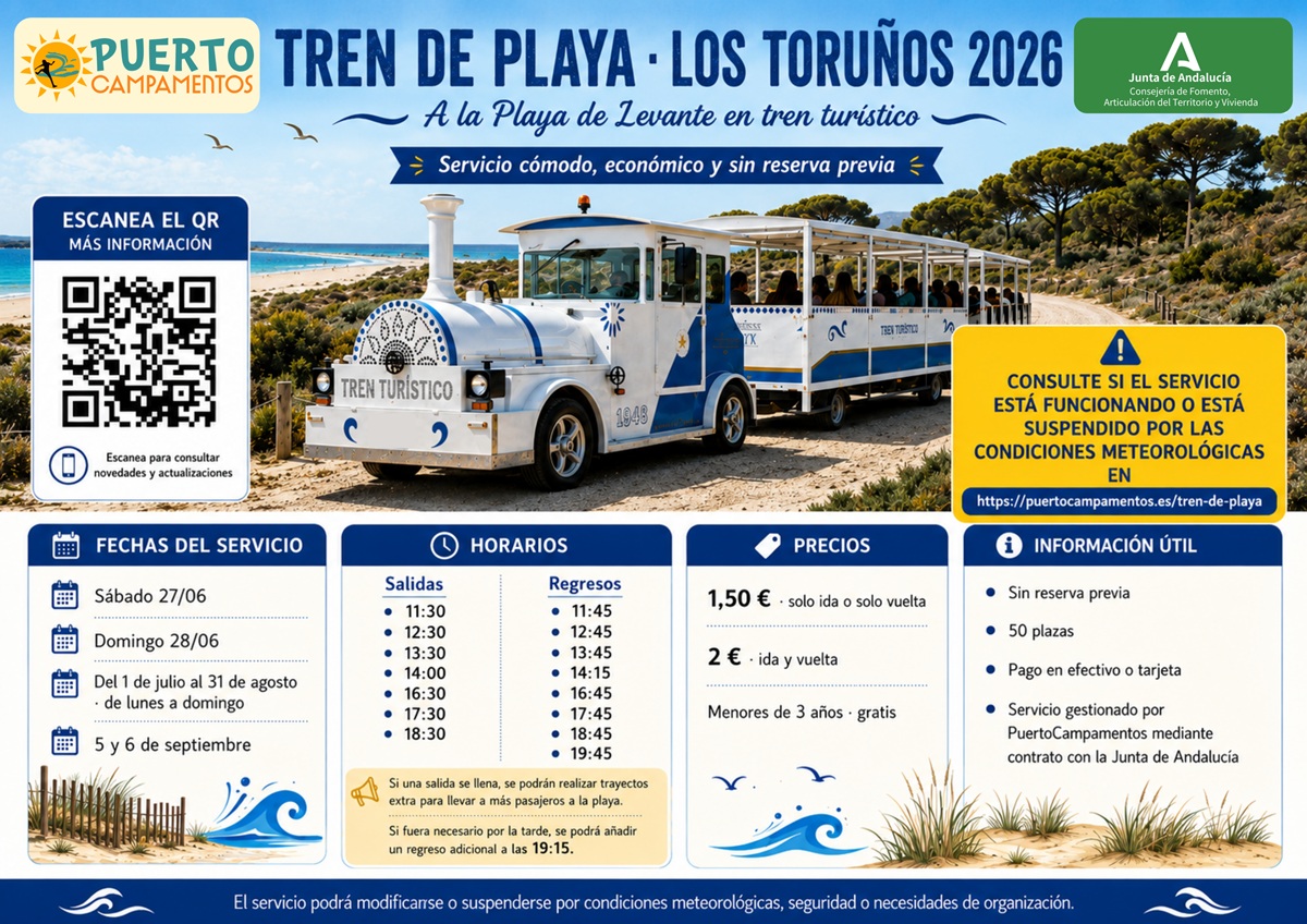 Cartel informativo Tren de Playa Los Toruños 2026