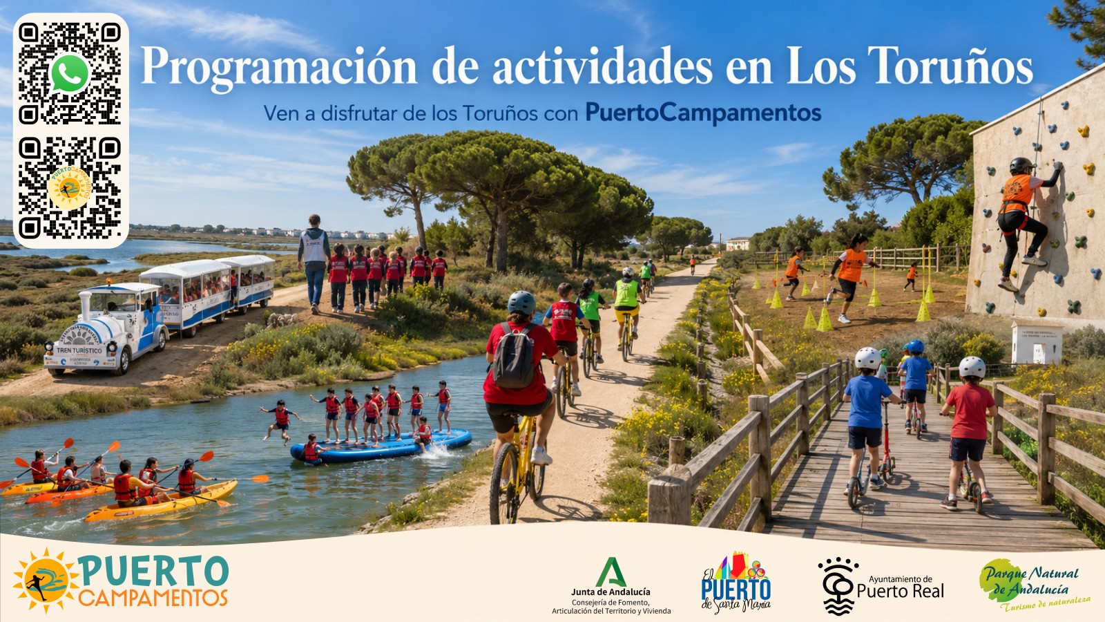 Programación de actividades, campamentos, excursiones, cumpleaños, rutas guiadas y actividades náuticas en Los Toruños con PuertoCampamentos
